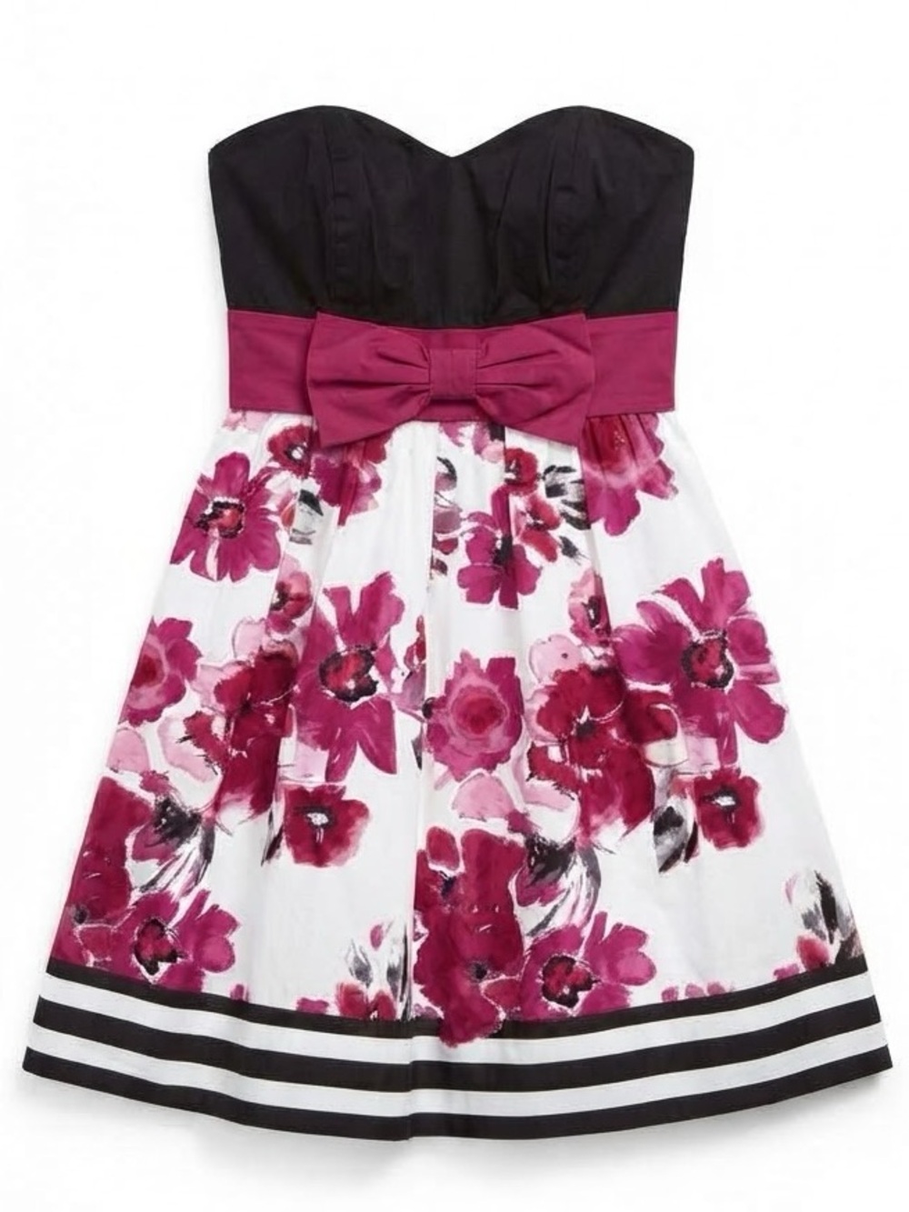 SPEECHLESS Strapless white floral dress with bow and black accent stripes size 9